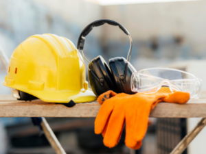 : Equipamentos de Proteção Individual (EPI) essenciais para a segurança do trabalho, incluindo botinas de couro, capacete amarelo, abafador de ruídos, luvas de raspa e óculos de proteção, organizados sobre uma superfície de madeira.
